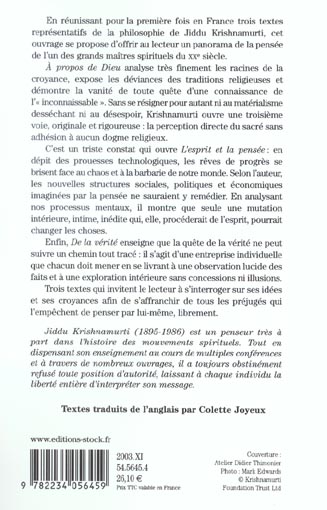 Quatrième de couverture de « A PROPOS DE DIEU/L'ESPRIT ET LA PENSEE/DE LA VERITE »