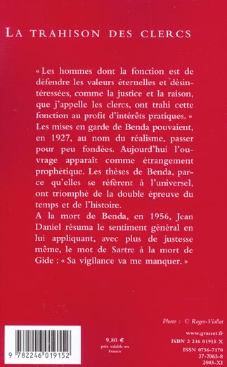 Quatrième de couverture de « LA TRAHISON DES CLERCS - (*) »
