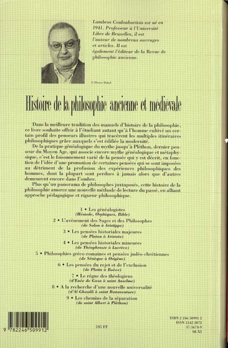Quatrième de couverture de « HISTOIRE DE LA PHILOSOPHIE ANCIENNE ET MEDIEVALE »