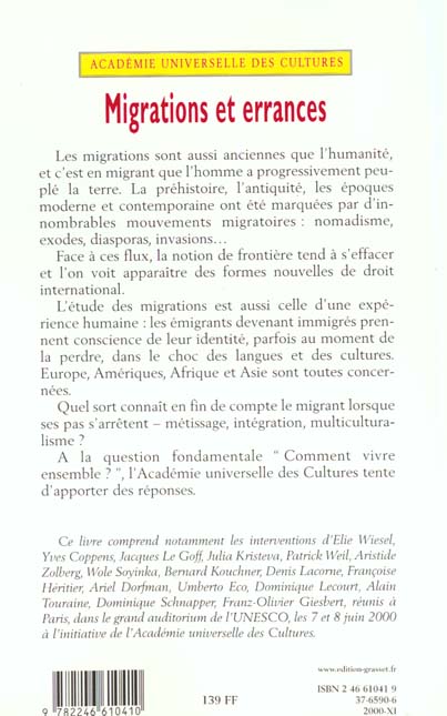 Quatrième de couverture de « MIGRATIONS ET ERRANCES »
