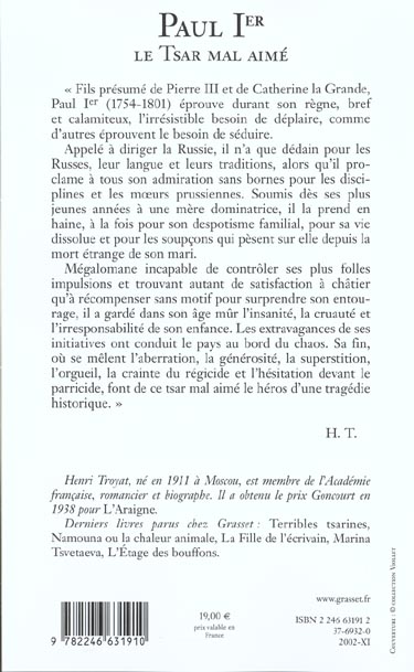 Quatrième de couverture de « PAUL 1ER, LE TSAR MAL-AIME »