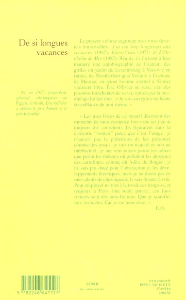 Quatrième de couverture de « DE SI LONGUES VACANCES »