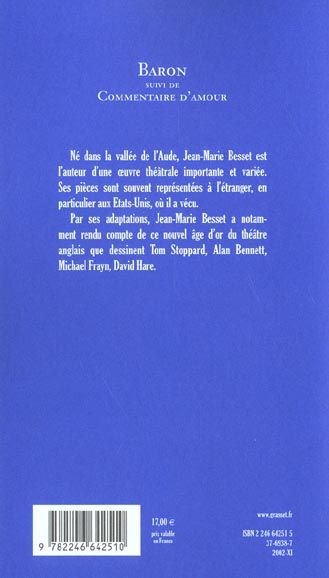 Quatrième de couverture de « BARON - THEATRE »