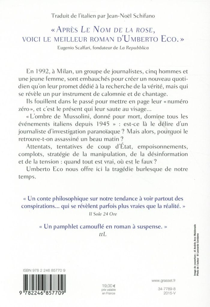 Quatrième de couverture de « Numéro zéro : roman »