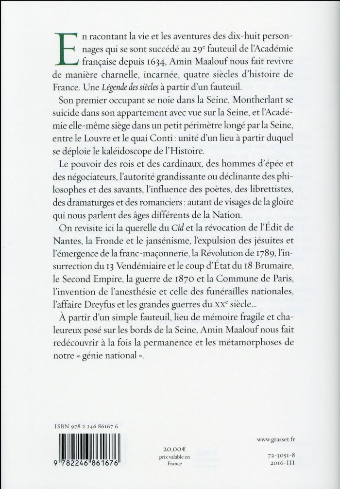 Quatrième de couverture de « Un fauteuil sur la Seine : quatre siècles d'histoire de France »