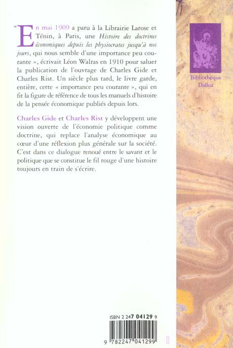 Quatrième de couverture de « HISTOIRE DES DOCTRINES ECONOMIQUES. DEPUIS LES PHYSIOCRATES JUSQU'A NOS JOURS - REIMPRESSION DE LA 6 »