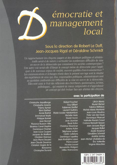 Quatrième de couverture de « DEMOCRATIE ET MANAGEMENT LOCAL - 4E RENCONTRES VILLE-MANAGEMENT »