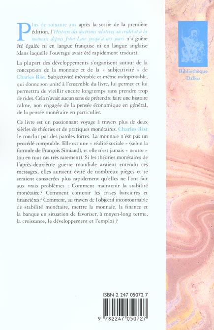 Quatrième de couverture de « HISTOIRE DES DOCTRINES RELATIVES AU CREDIT ET A LA MONNAIE DEPUIS JOHN LAW JUSQU'A NOS JOURS - REIMP »