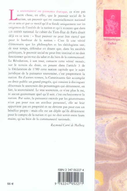 Quatrième de couverture de « CONTRIBUTION A LA THEORIE GENERALE DE L'ETAT - REIMPRESSION DES EDITIONS DE 1920 ET 1922 »