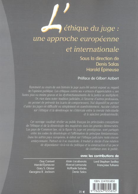Quatrième de couverture de « L'ETHIQUE DU JUGE : UNE APPROCHE EUROPEENNE ET INTERNATIONALE »