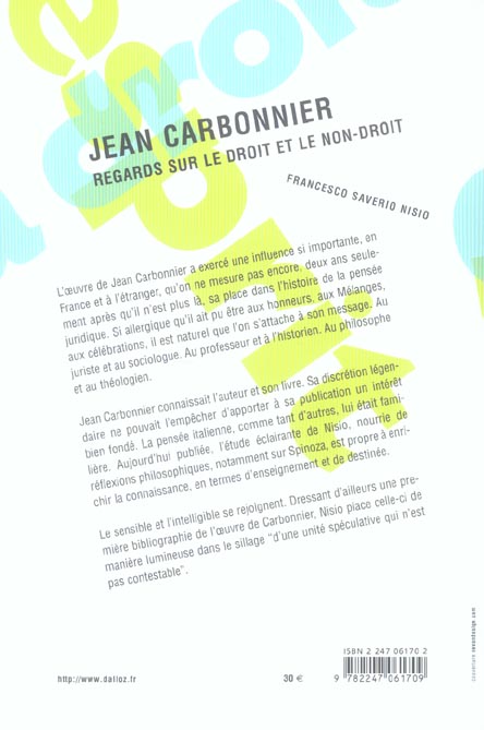 Quatrième de couverture de « JEAN CARBONNIER - REGARDS SUR LE DROIT ET LE NON-DROIT »