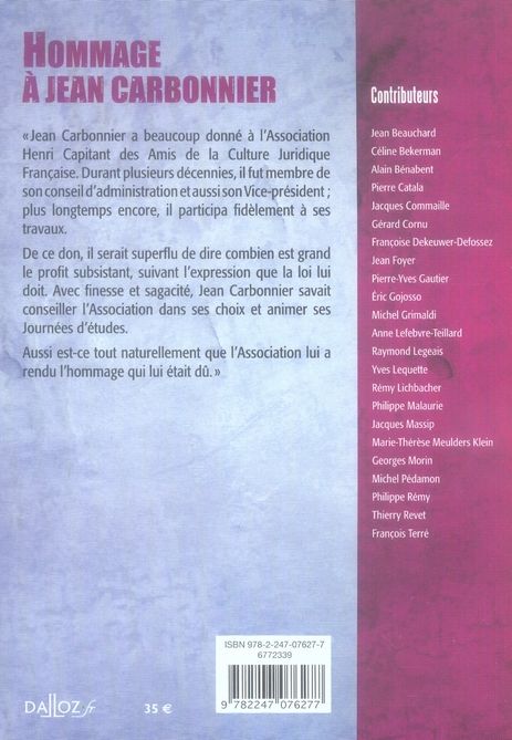 Quatrième de couverture de « HOMMAGE A JEAN CARBONNIER »