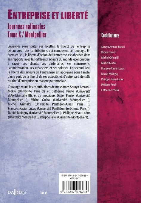 Quatrième de couverture de « ENTREPRISE ET LIBERTES - JOURNEES NATIONALES - TOME X MONTPELLIER »