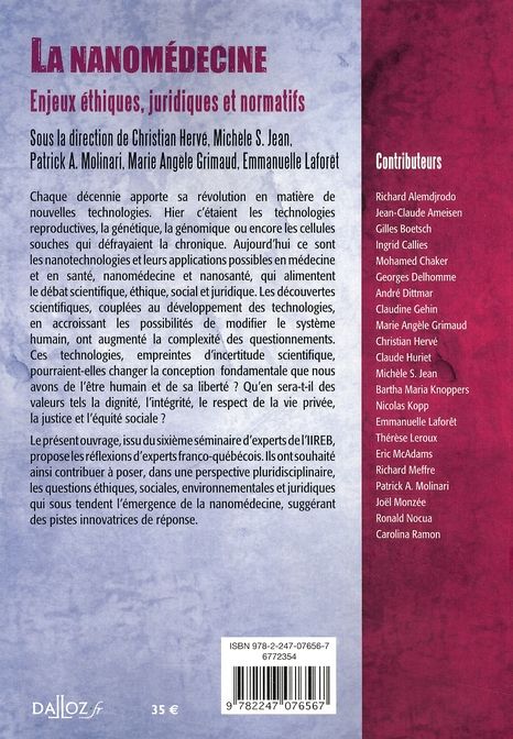 Quatrième de couverture de « LA NANOMEDECINE - ENJEUX ETHIQUES, JURIDIQUES ET NORMATIFS »