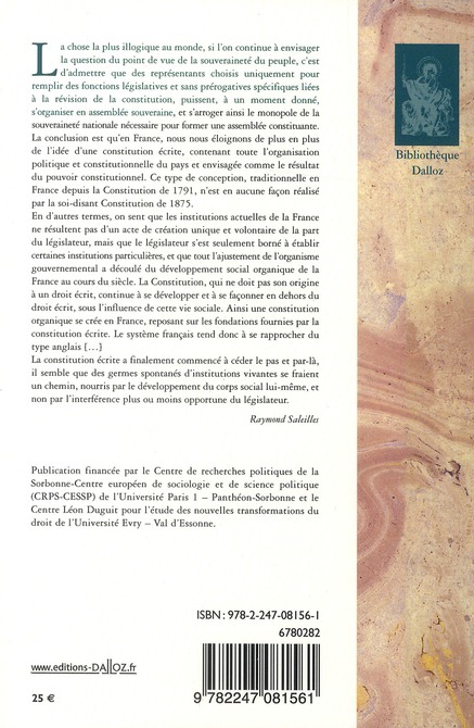 Quatrième de couverture de « LE DROIT CONSTITUTIONNEL DE LA TROISIEME REPUBLIQUE - 1ER TRADUCTION FRANCAISE DE L'ANGLAIS »