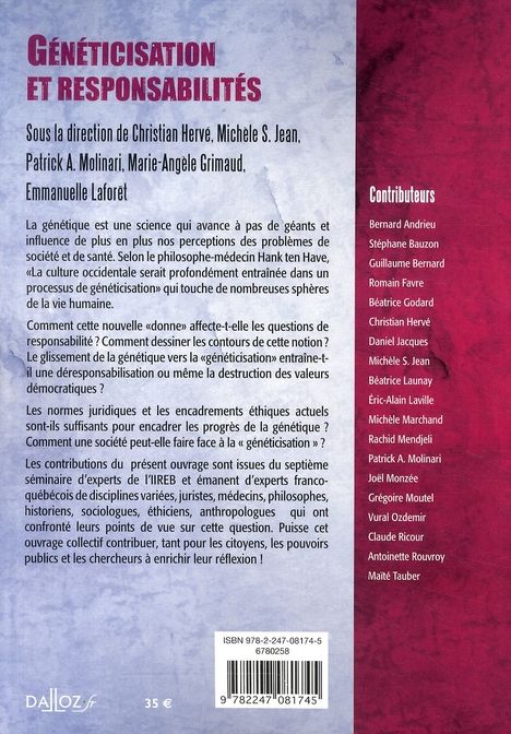 Quatrième de couverture de « GENETICISATION ET RESPONSABILITES »