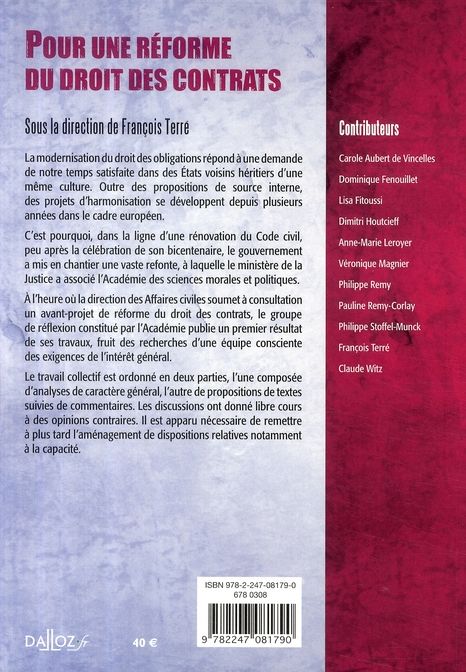 Quatrième de couverture de « POUR UNE REFORME DU DROIT DES CONTRATS »