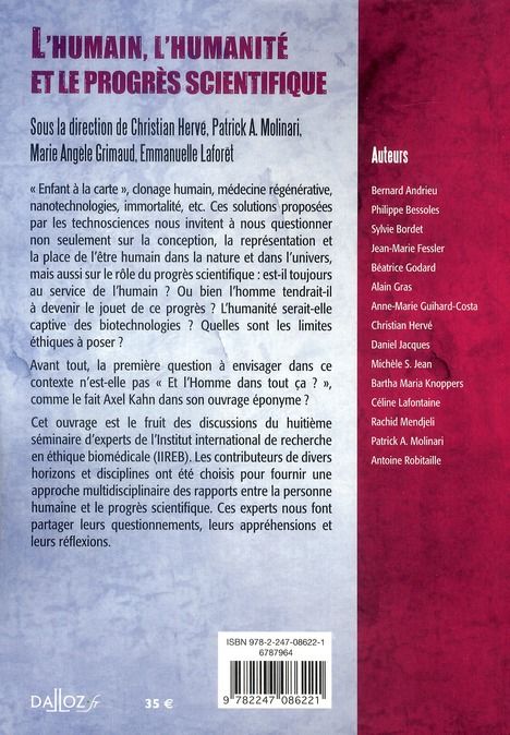 Quatrième de couverture de « L'HUMAIN, L'HUMANITE ET LE PROGRES SCIENTIFIQUE »
