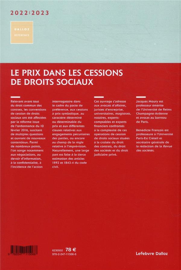 Quatrième de couverture de « LE PRIX DANS LES CESSIONS DE DROITS SOCIAUX 2022/2023. 2E ED. »