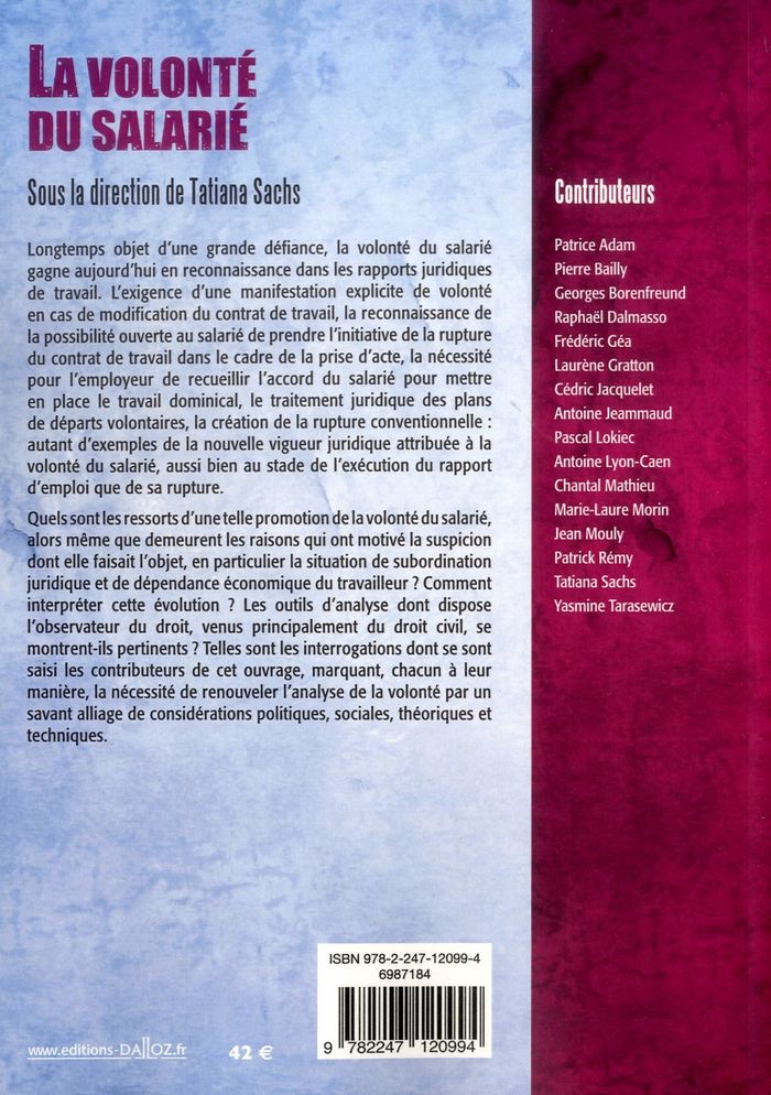 Quatrième de couverture de « LA VOLONTE DU SALARIE »