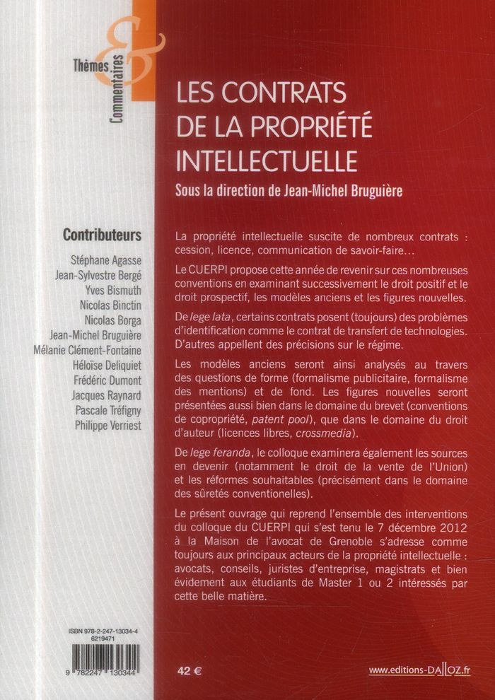 Quatrième de couverture de « LES CONTRATS DE LA PROPRIETE INTELLECTUELLE »