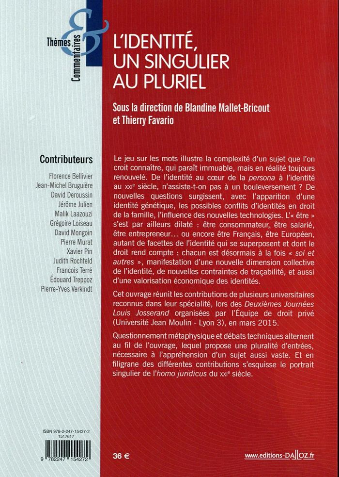 Quatrième de couverture de « L'IDENTITE, UN SINGULIER AU PLURIEL »