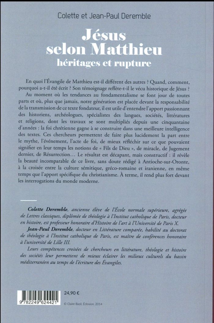 Quatrième de couverture de « Jésus selon Matthieu : héritages et rupture »