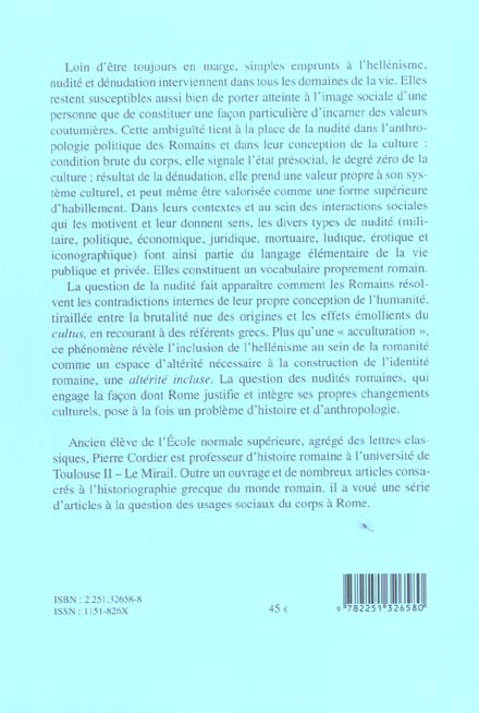 Quatrième de couverture de « NUDITES ROMAINES - UN PROBLEME D'HISTOIRE ET D'ANTHROPOLOGIE »
