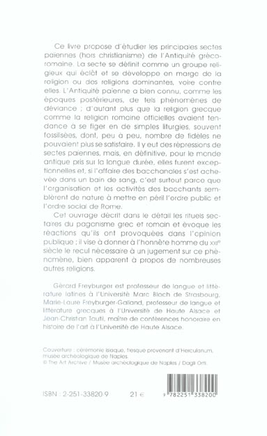 Quatrième de couverture de « SECTES RELIGIEUSES EN GRECE ET A ROME DANS L'ANTIQUITE PAIENNE - (NOUVELLE EDITION) »