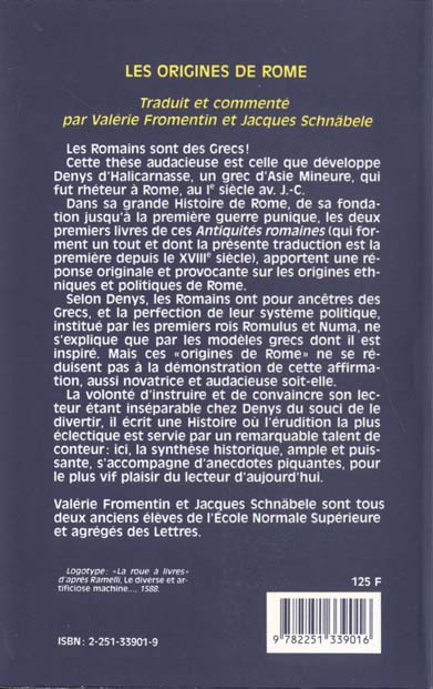 Quatrième de couverture de « LES ORIGINES DE ROME - (LES ANTIQUITES ROMAINES LIVRES I ET II) »