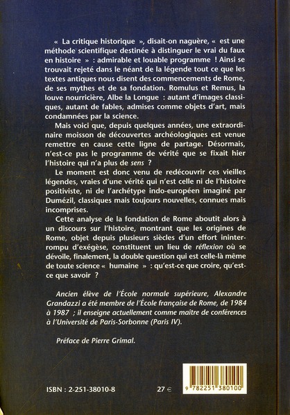 Quatrième de couverture de « LA FONDATION DE ROME - REFLEXION SUR L'HISTOIRE »
