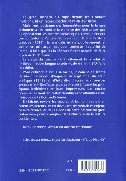 Quatrième de couverture de « LA BATAILLE DU GREC A LA RENAISSANCE »