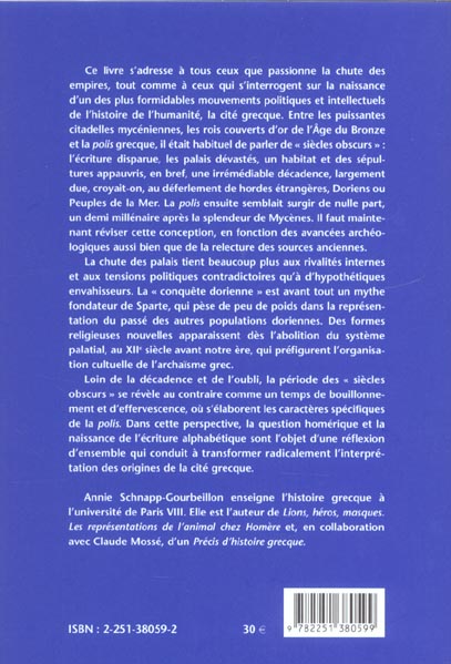 Quatrième de couverture de « AUX ORIGINES DE LA GRECE - (XIIIE-VIIIE SIECLES AVANT NOTRE ERE) LA GENESE DU POLITIQUE »