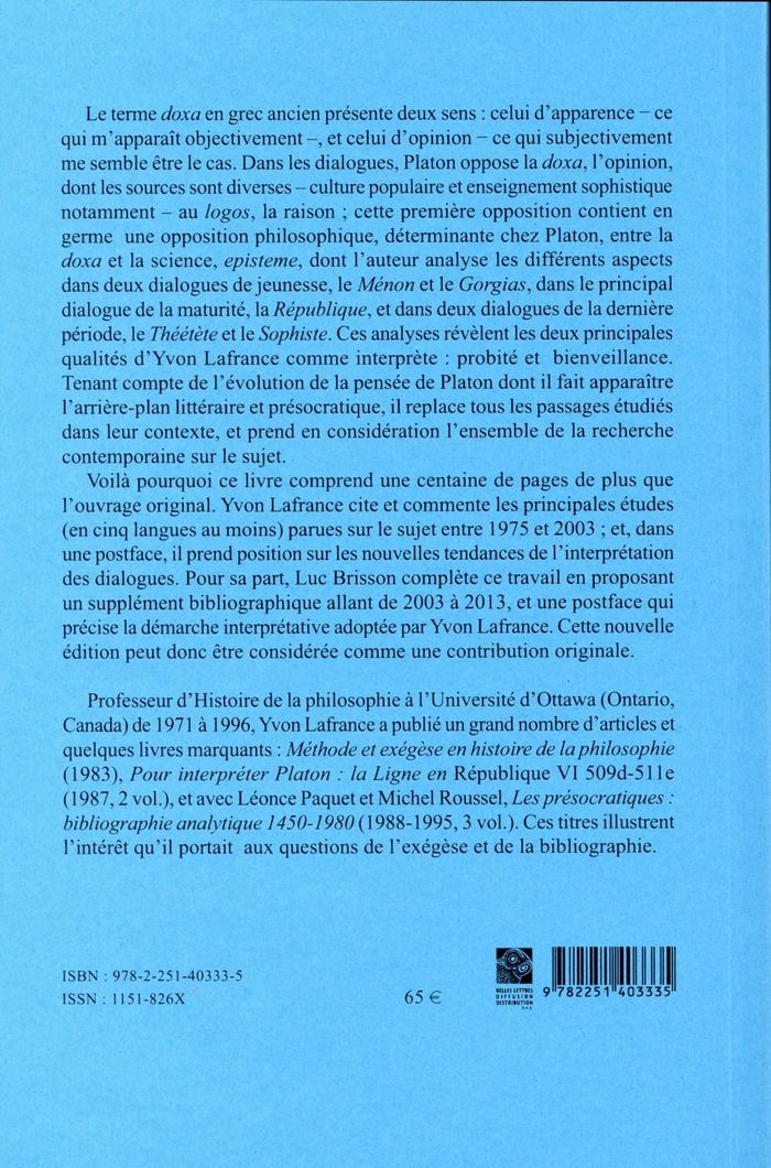Quatrième de couverture de « LA THEORIE PLATONICIENNE DE LA DOXA »