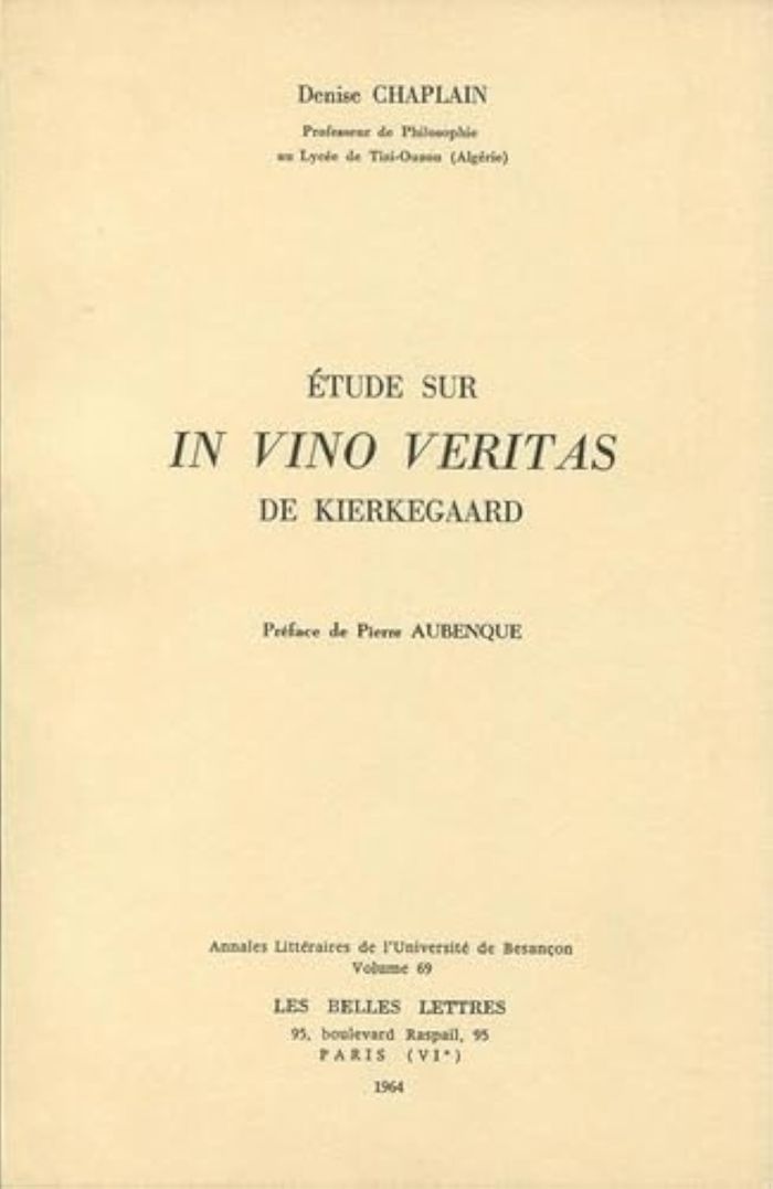 Couverture du livre « ETUDE SUR <I>IN VINO VERITAS</I> DE KIERKEGAARD » de Chaplain, librairie Les Contes Infusés à Corte