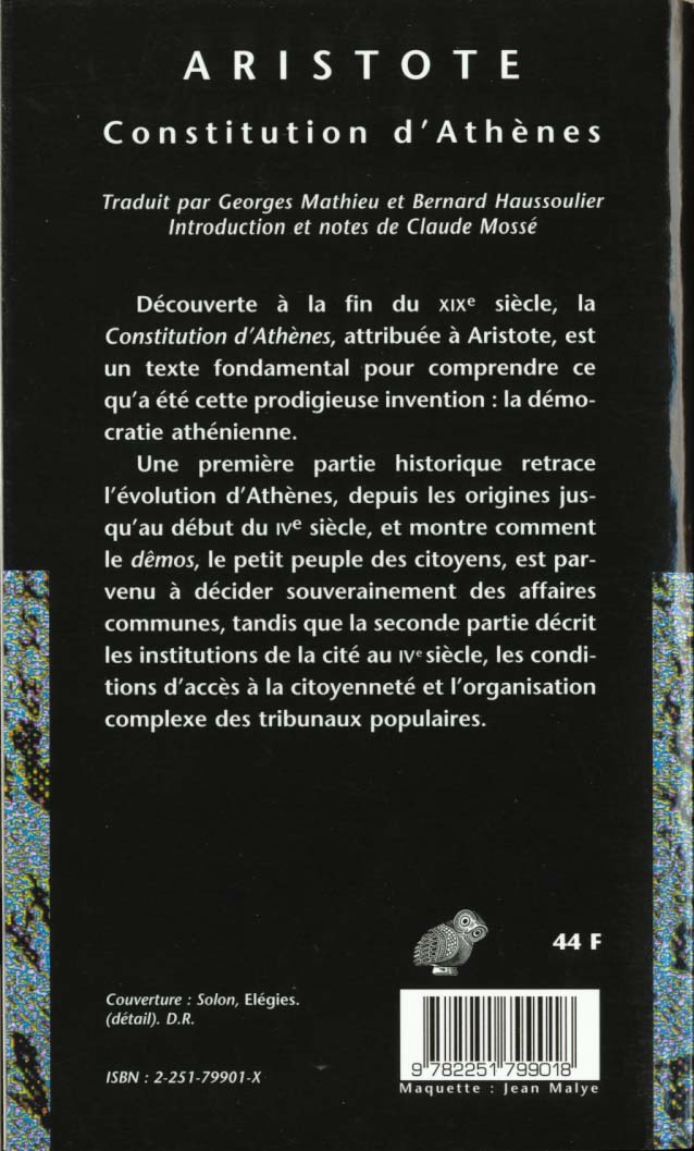 Quatrième de couverture de « CONSTITUTION D'ATHENES »