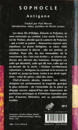 Quatrième de couverture de « ANTIGONE »