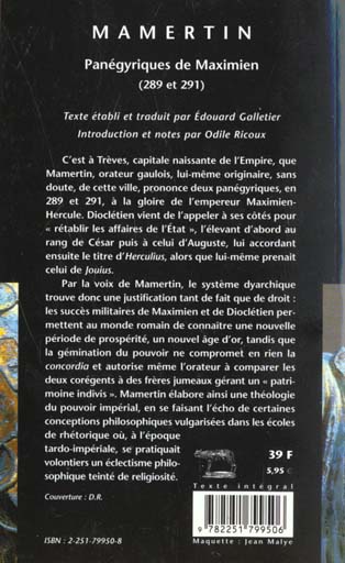 Quatrième de couverture de « PANEGYRIQUES DE MAXIMIEN (289 ET 291) »