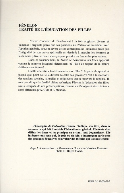 Quatrième de couverture de « TRAITE DE L'EDUCATION DES FILLES »
