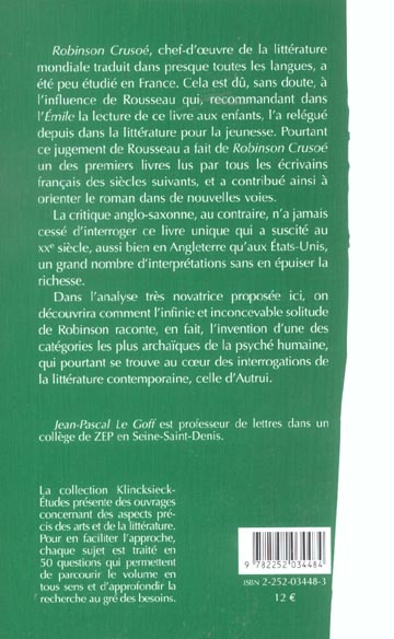 Quatrième de couverture de « ROBINSON CRUSOE OU L'INVENTION D'AUTRUI »