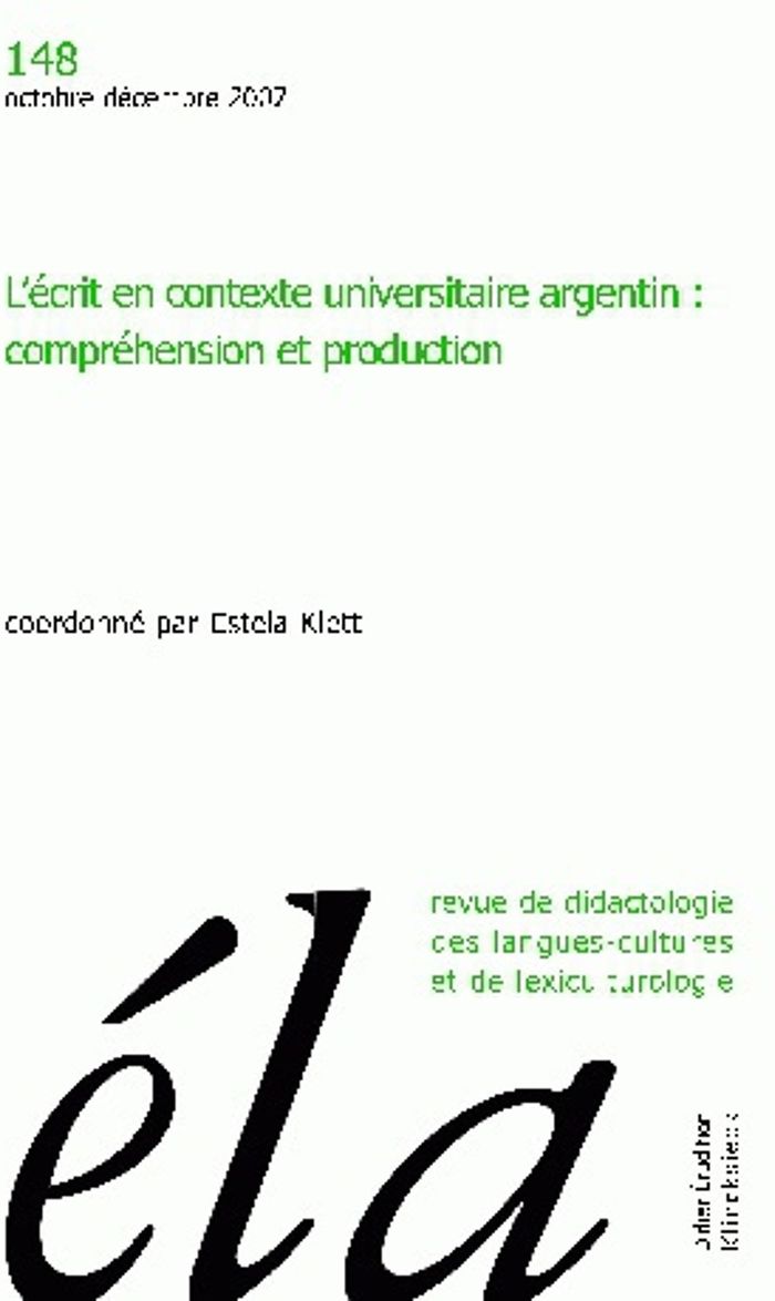 Couverture du livre « ETUDES DE LINGUISTIQUE APPLIQUEE - N 4/2007 - L'ECRIT EN CONTEXTE UNIVERSITAIRE ARGENTIN : COMPREHE » de Robert Galisson, librairie Les Contes Infusés à Corte