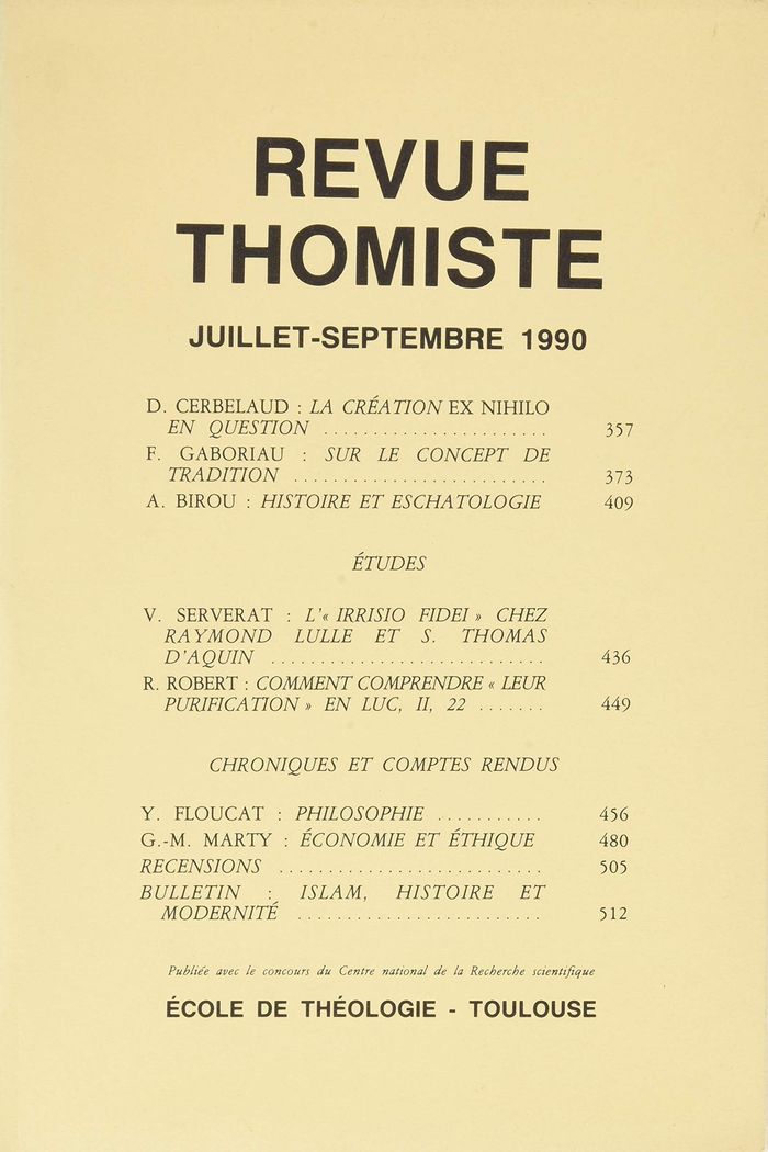Couverture du livre « REVUE THOMISTE - N 3/1990 » de P-M. Margelidon, librairie Les Contes Infusés à Corte