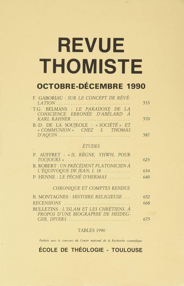Couverture du livre « REVUE THOMISTE - N 4/1990 » de P-M. Margelidon, librairie Les Contes Infusés à Corte