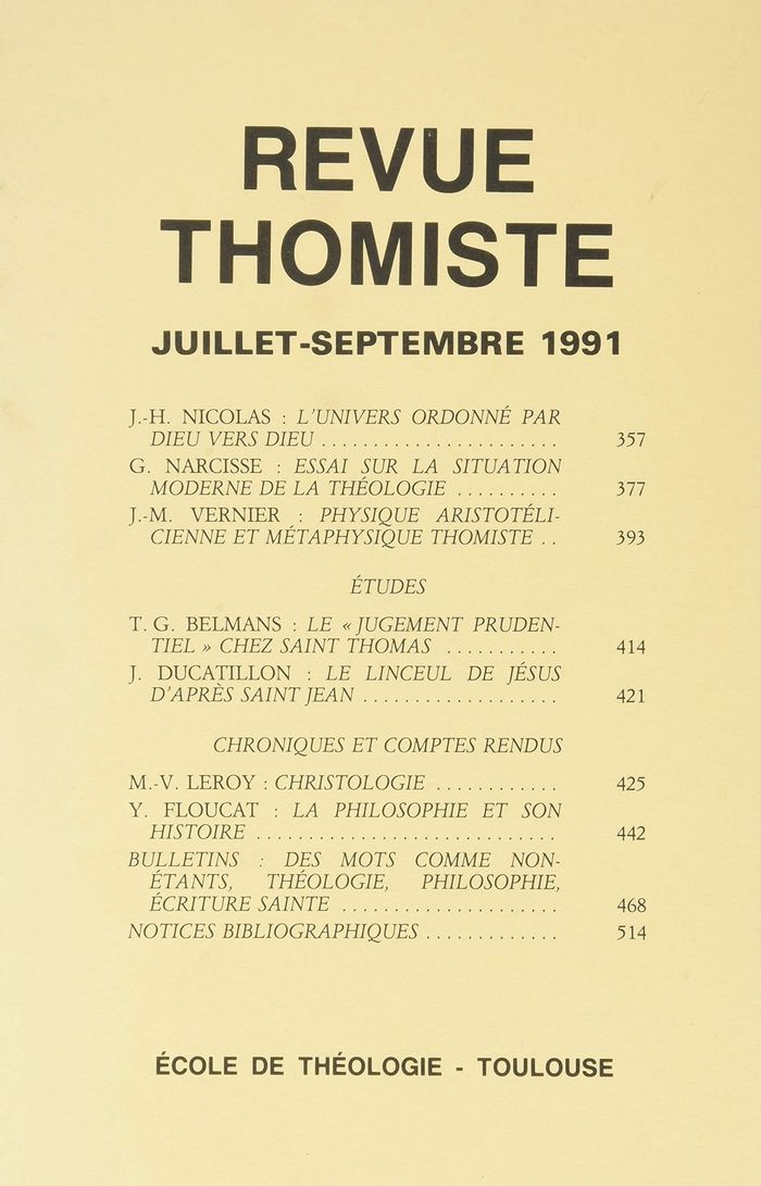 Couverture du livre « REVUE THOMISTE - N 3/1991 » de P-M. Margelidon, librairie Les Contes Infusés à Corte