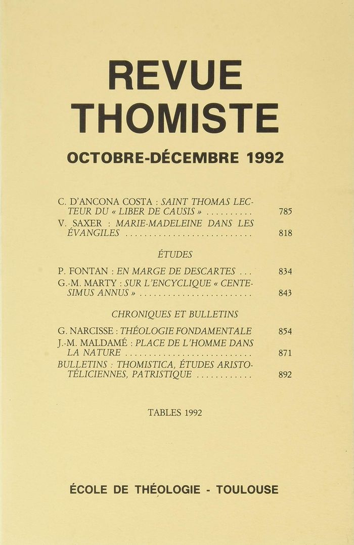 Couverture du livre « REVUE THOMISTE - N 4/1992 » de P-M. Margelidon, librairie Les Contes Infusés à Corte