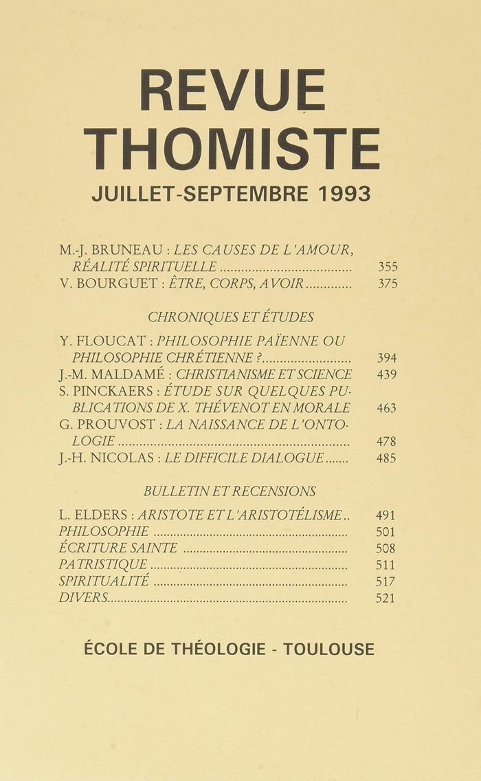Couverture du livre « REVUE THOMISTE - N 3/1993 » de P-M. Margelidon, librairie Les Contes Infusés à Corte