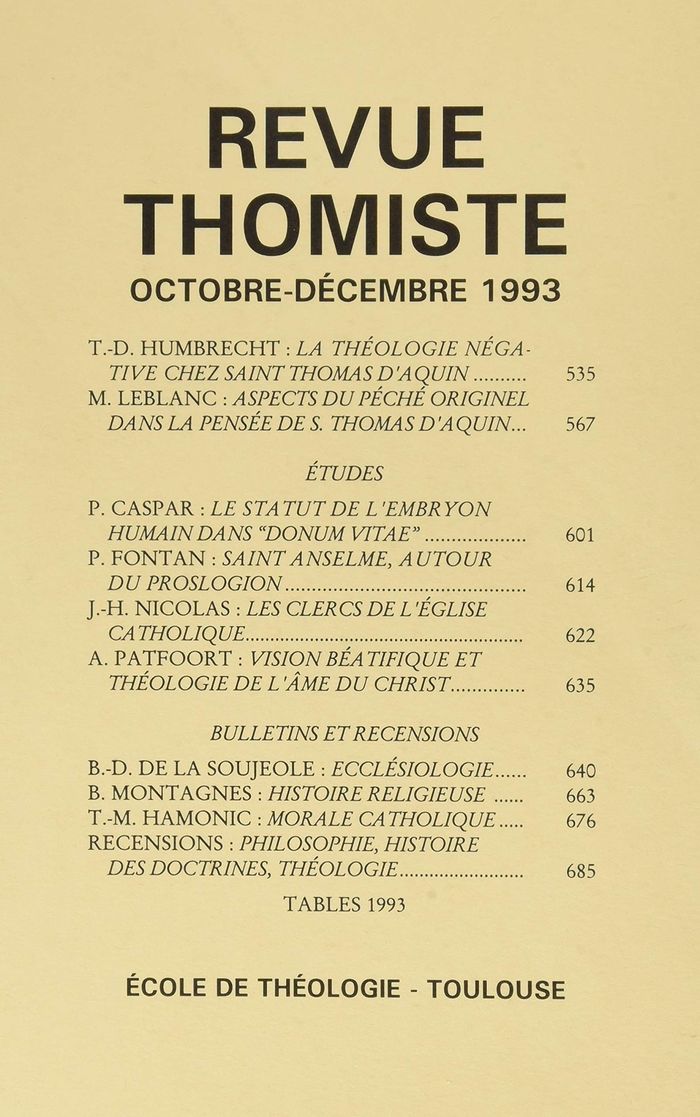 Couverture du livre « REVUE THOMISTE - N 4/1993 » de P-M. Margelidon, librairie Les Contes Infusés à Corte