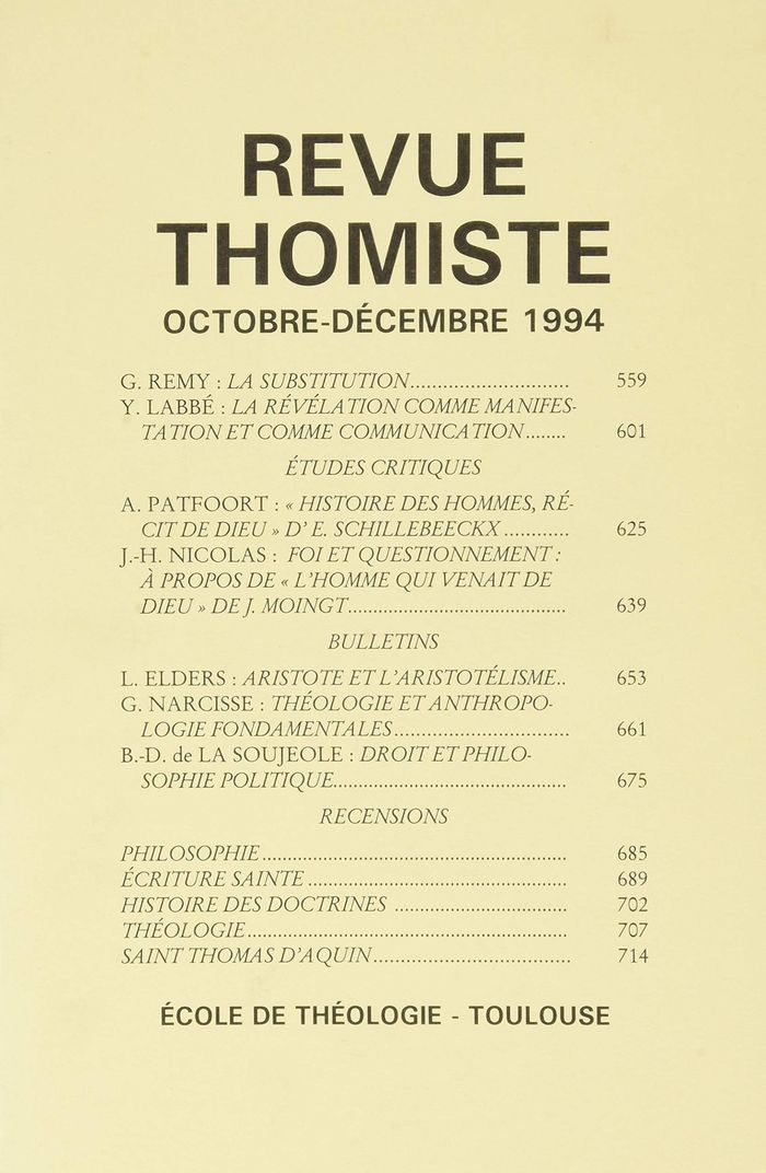 Couverture du livre « REVUE THOMISTE - N 4/1994 » de P-M. Margelidon, librairie Les Contes Infusés à Corte