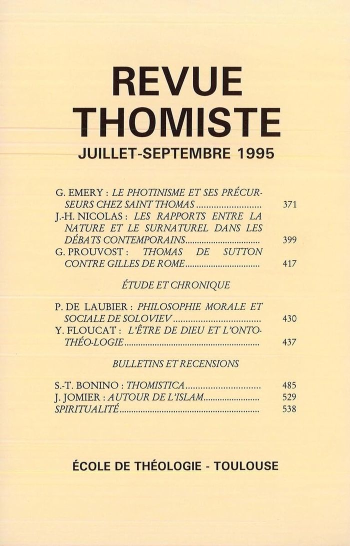 Couverture du livre « REVUE THOMISTE - N 3/1995 » de P-M. Margelidon, librairie Les Contes Infusés à Corte