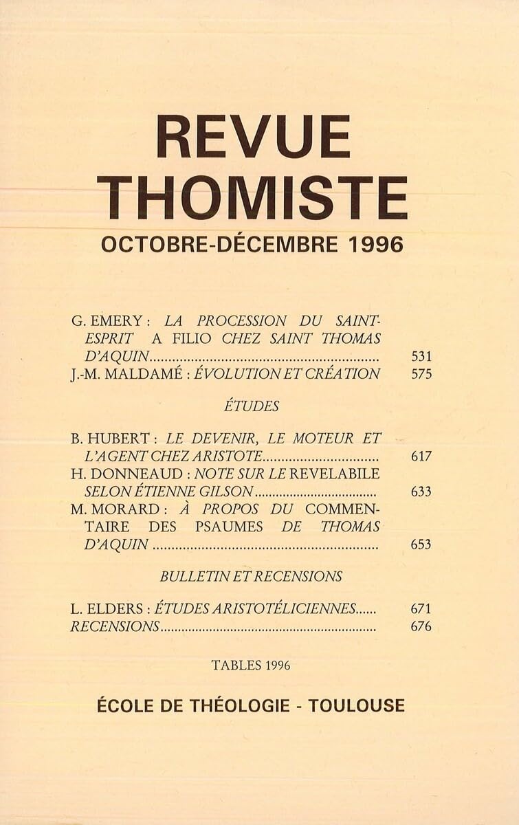 Couverture du livre « REVUE THOMISTE - N 4/1996 » de P-M. Margelidon, librairie Les Contes Infusés à Corte